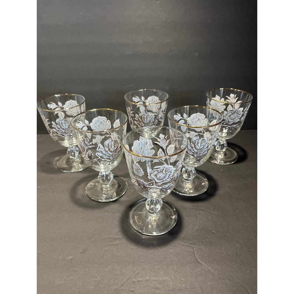 Vintage Set of 6 Gold Rimmed White Rose Footed Juice Wine Glasses Ball Stem